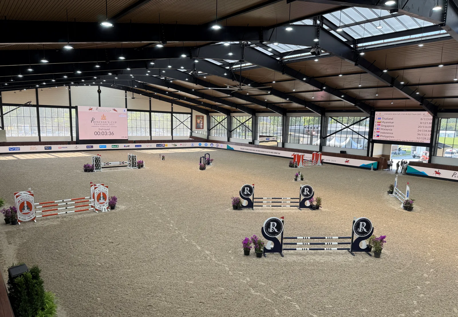 Live results scoreboard at an indoor equestrian arena